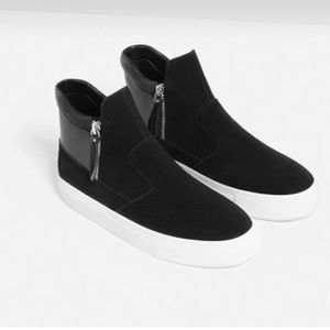 Zara Black Suede/Leather High-Top Zip Sneakers Sz 10
